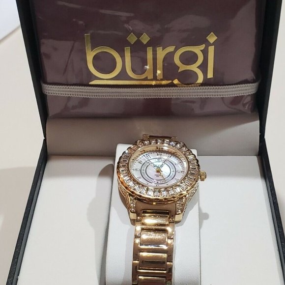 BURGI BUR095YG Gold-Tone Brass Mother of Pearl Dial Diamond Ladies Watch- $595